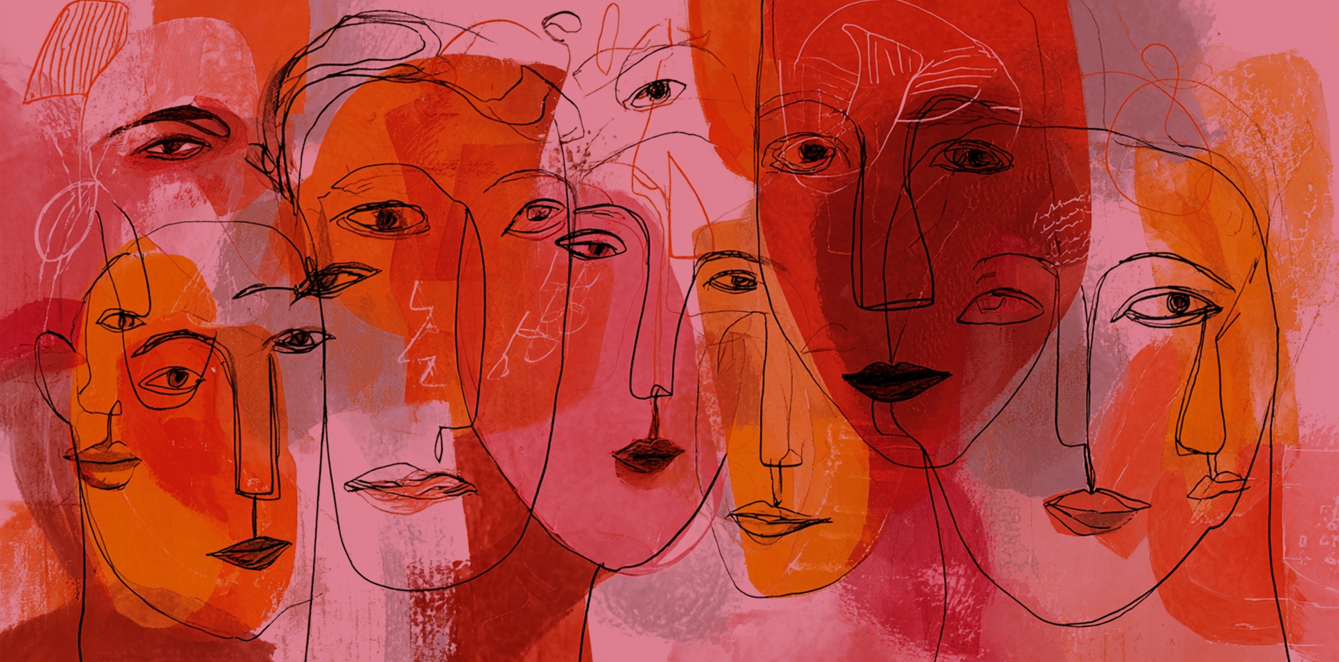 multiple faces in shades of red, orange and pink